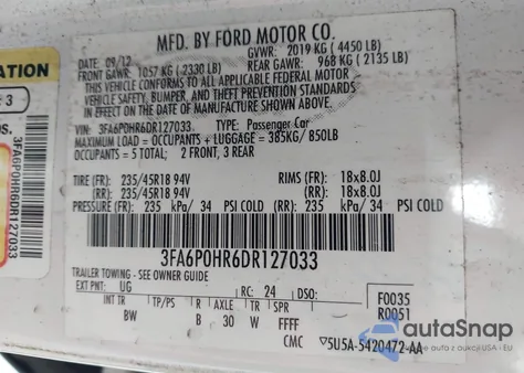 2013 Ford Fusion Se z USA, uszkodzony, nr VIN 3FA6P0HR6DR127033